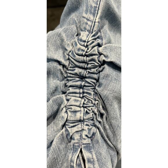 JOHN MARK Chambray Shift Dress Sz M Blue 1/2 Button Gathered Sleeve Pockets *C2 - Picture 5 of 6